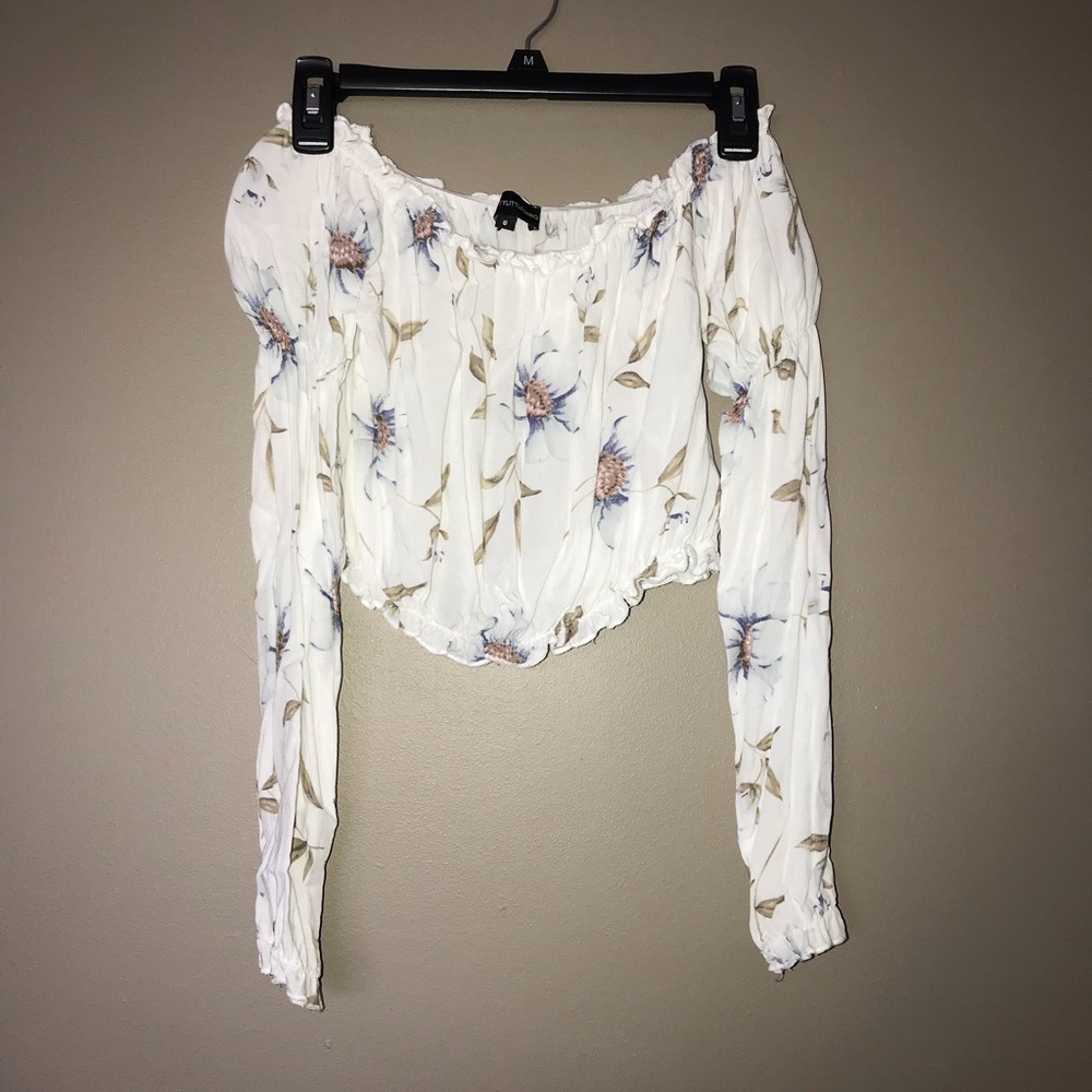prettylittlething off the shoulder floral top